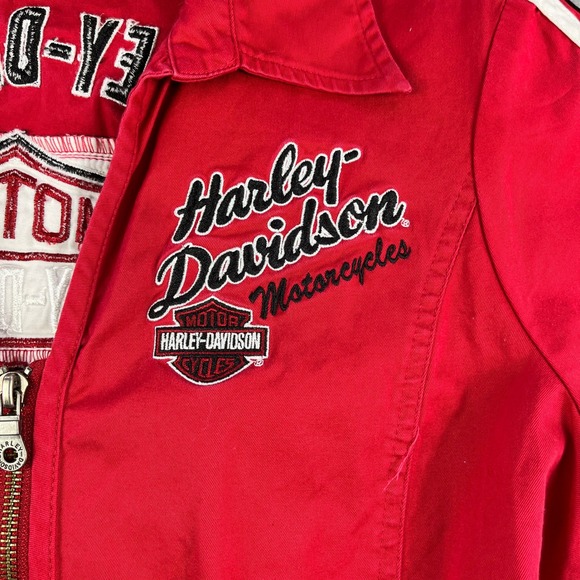 Harley Davidson Womens Red Full Zip Short Sleeve Mechanic Shirt Embroidered M - Picture 4 of 7